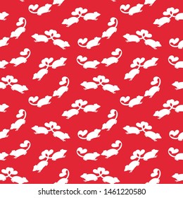 Seamless white pattern with mouse image, beautiful fashionable fabric, Wallpaper, packaging. Red background.
