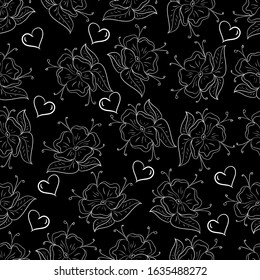 Seamless, white pattern on a black background. Images of hearts and flowers suitable for fabric, napkins, packaging, postcards, boxes, packages.