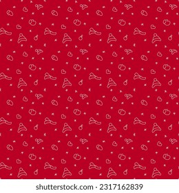 Seamless white pattern on a red background of winter accessories and snowflakes. Festive pattern for fabric, wrapping paper, childrens clothing. Vector illustration in a doodle style.