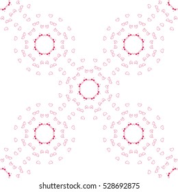 Seamless white pattern with pink hearts round ornaments.  Floral shapes good for decor, designs, wedding, Christmas and New year decorations, wrapping, Saint Valentine's day.