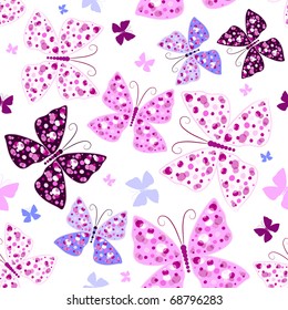 Seamless white pattern with pink and violet butterflies (vector)