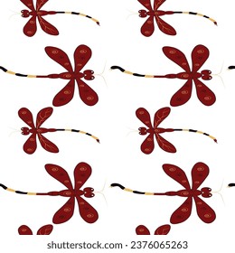 Seamless white pattern with red maroon dragonflies, abstract motif minimalist classic colorful, background pixel texture. Scottish cage. Vector graphics of printing on fabric, shirt, textile, papers