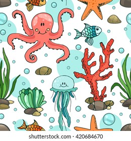 Seamless white pattern with sea life. Vector illustration