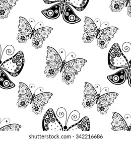 Seamless white pattern with silhouettes butterflies, vector eps10