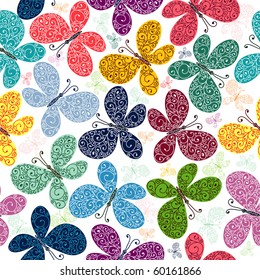 Seamless white pattern with silhouettes colorful butterflies (vector)