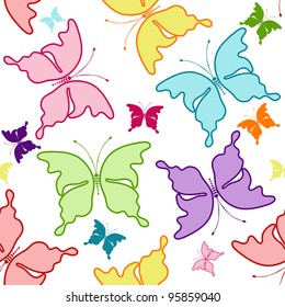 Seamless white pattern with silhouettes colorful butterflies (vector)