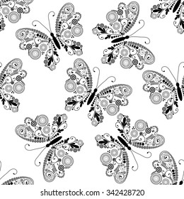 Seamless white pattern with silhouettes lacy black-white  butterflies, vector eps10