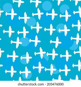 Seamless white pattern with silhouettes of the plane. Blue sky background. vector