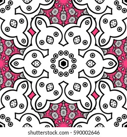 Seamless white pattern. Vector white floral ornament brocade textile pattern, doodles. Floral pattern. Pink background with white elements.