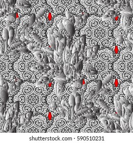 Seamless white pattern. Vector oriental ornament. Whiteen pattern on red background with white elements.