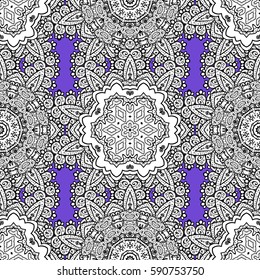 Seamless white pattern. Vector oriental ornament. Whiteen pattern on violet background with white elements.