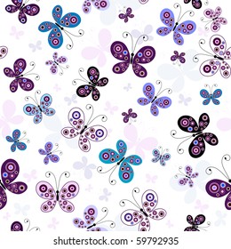Seamless white pattern with vivid butterflies (vector)
