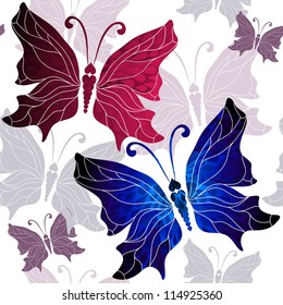 Seamless white pattern with vivid red, blue and gray butterflies (vector)