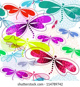 Seamless white pattern with vivid translucent colorful dragonflies and fireworks (vector EPS 10)
