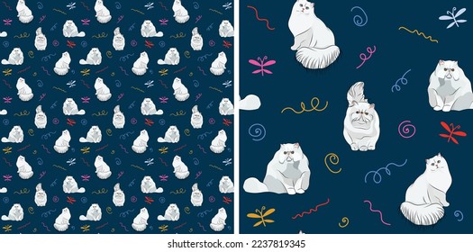 Seamless white Persian cat pattern. Square format texture, t-shirt, poster, packaging, textile, socks, textile, fabric, decoration, wrapping paper.Hand-drawn navy backdrop, bright spirals and doodles.