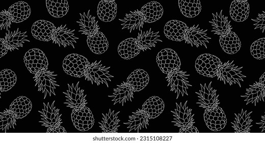 Seamless White pineapples on a black background.