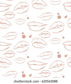 Seamless white and pink pattern of Hand drawn in lines sexy women lips fashion vector illustration facial expression female lips