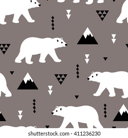 Seamless white polar bear arctic winter scandinavian kids design fabric background pattern in vector 