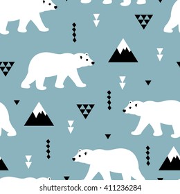 Seamless white polar bear arctic winter scandinavian kids design fabric background pattern in vector 