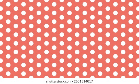 Seamless white polka dot pattern on coral red background. Perfect for retro design, summer party decor, fabric prints, wrapping paper, kids projects, and playful vintage-themed illustrations.