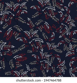 seamless white red and cream vector leaves pattern on navy background