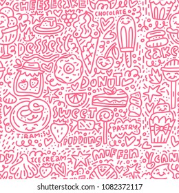 Seamless white and red pattern with desserts and many delicious sweets. Handdrawn vector illustration for different backgrounds.