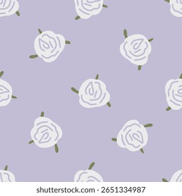 Seamless White Rose Floral Pattern. Minimal white rose flowers with green leaves on a soft lavender background. Seamless floral pattern in flat cartoon style with pastel colors.