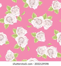 Seamless White Rose Flower Pattern With Pink Color Background
