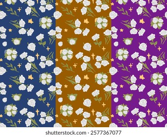 Seamless White Rose Patterns. Seamless patterns featuring white roses, green leaves, and star elements on blue, mustard, and purple backgrounds. Ideal paper, textiles, and romantic designs.