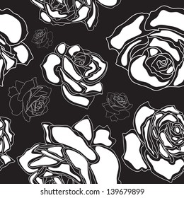 Seamless white roses on black background, floral silhouette