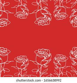 Nahtlose weiße Rosen auf rotem Hintergrund. Botanische Zeichnung. Vektorillustration mit Blumenmustern im Konturstil. Urlaubskonzept für Hochzeit, Frauentag, Muttertag, Grußkarte, Poster, Banner.