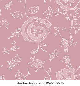 Nahtloses weißes Rosenmuster   hergestellt in vektorieller.Thin-Linie Blumendesign. weiße rexierte Linien auf Rosa. Einfach zu verwenden für Packpapier, Stoff, romantischer Hintergrund. 