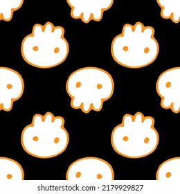 Seamless white skull pattern for Halloween. Cute skull vector pattern drawn in doodle style with orange outline on black for Halloween holiday design template. Seamless orange skull pattern for Hallow