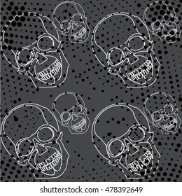 Seamless white skulls pattern with black grunge halftones