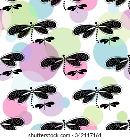 Seamless white spring pattern with colorful balls and black-white dragonflies,  vector eps 10