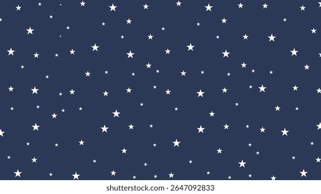 Seamless white star pattern on dark blue background. Night sky vector illustration perfect for kids' room decor, baby products, wrapping paper, celestial designs, and nursery-themed projects.