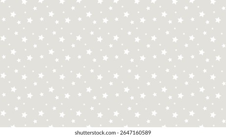 Seamless white star pattern on soft gray background. Minimalist celestial vector design perfect for baby nursery, kids fabric, wallpaper, wrapping paper, scrapbook, and modern star-themed decorations.