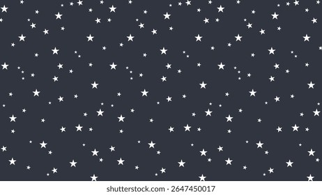 Seamless white star pattern on dark gray background. Celestial vector perfect for night sky designs, nursery wallpaper, kids fabric, wrapping paper, dreamy decor, and space-themed digital projects.