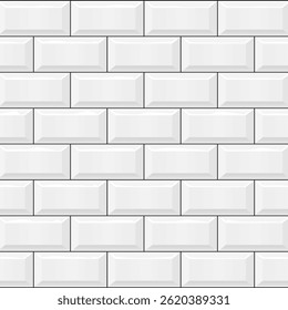 Seamless white subway tile wall pattern with a glossy 3D effect, ideal for bathroom, kitchen, or interior design projects.