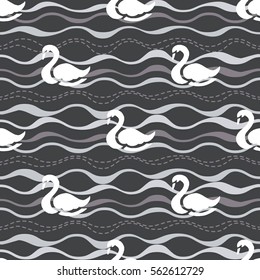 seamless white swan with black sea pattern background