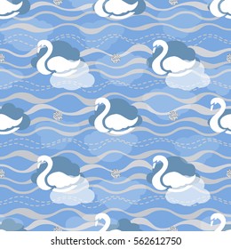 seamless white swan with blue wave pattern background