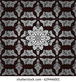 Seamless white texture curls. Brilliant lace, stylized flowers, paisley. Seamless pattern on brown background with white elements. Vector. Openwork delicate white pattern. Oriental style arabesques.