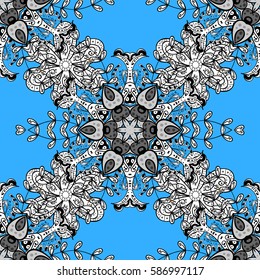 Seamless white texture curls. Oriental style arabesques. Brilliant lace, stylized flowers, paisley. Openwork delicate white pattern. Seamless pattern on blue background with white elements. Vector art