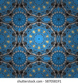Seamless white texture curls. Oriental style arabesques. Brilliant lace, stylized flowers, paisley. Openwork delicate white pattern. Seamless pattern on blue background with white elements. Vector art