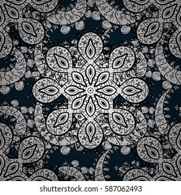 Seamless white texture curls. Oriental style arabesques. Brilliant lace, stylized flowers, paisley. Openwork delicate white pattern. Seamless pattern on blue background with white elements. Vector art