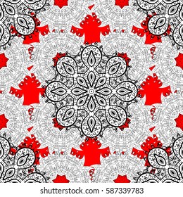 Seamless white texture curls. Oriental style arabesques. Brilliant lace, stylized flowers, paisley. Openwork delicate white pattern. Seamless pattern on red background with white elements. Vector.