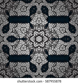 Seamless white texture curls. Oriental style arabesques. Brilliant lace, stylized flowers, paisley. Openwork delicate white pattern. Seamless pattern on blue background with white elements. Vector art