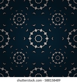 Seamless white texture curls. Oriental style arabesques. Brilliant lace, stylized flowers, paisley. Openwork delicate white pattern. Seamless pattern on blue background with white elements. Vector art