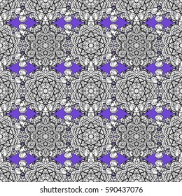 Seamless white texture curls. Oriental style arabesques. Brilliant lace, stylized flowers, paisley. Openwork delicate white pattern. Seamless pattern on violet background with white elements. Vector.