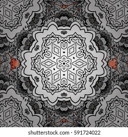 Seamless white texture curls. Oriental style arabesques. Brilliant lace, stylized flowers, paisley. Openwork delicate white pattern. Seamless pattern on background with white elements. Vector design.